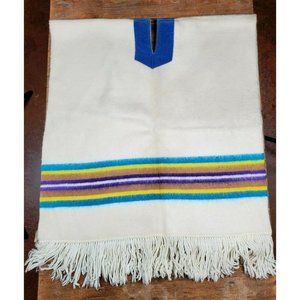 Vintage Felted Wool Blanket Poncho Fringe Stripes Southwestern Shawl